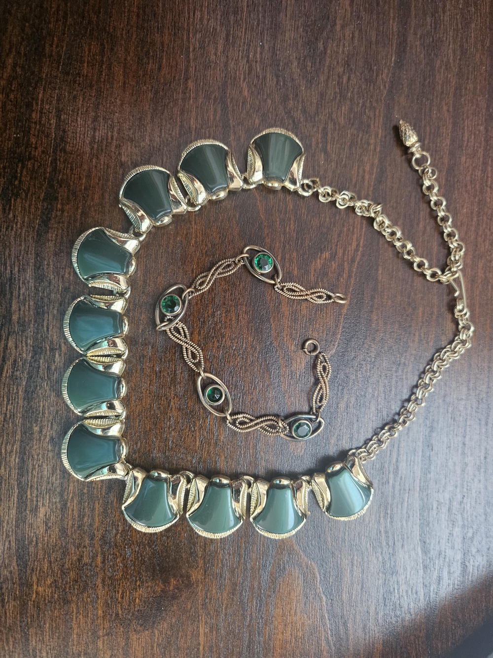 Gold-Tone Green Statement Necklace and Bracelet Set